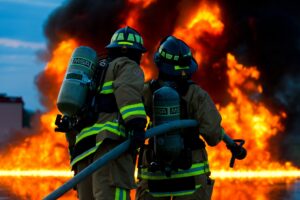 Fire fighters fighting fire after fire alarm in Houston alerted them to the emergency