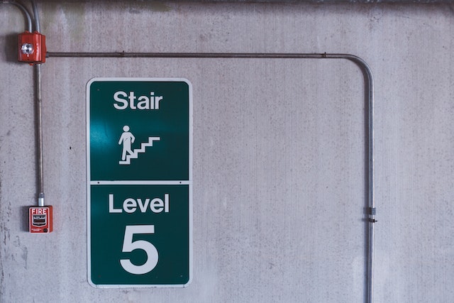 Fire alarm system and signage in commercial building stairwell